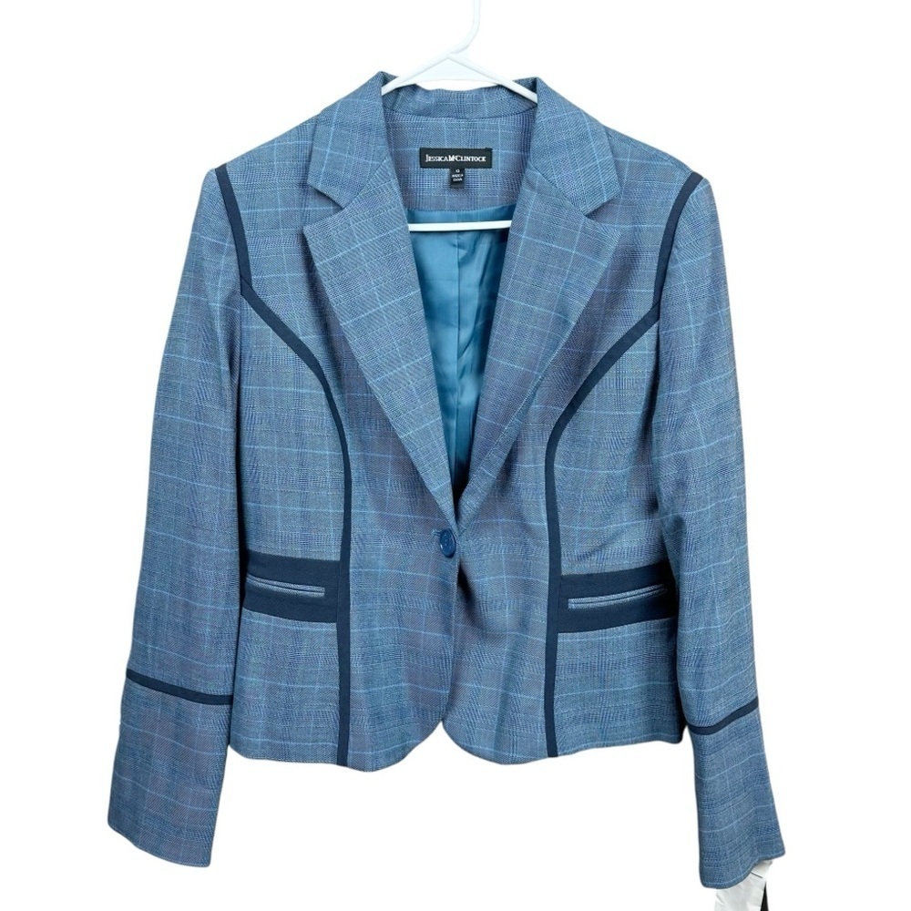 Jessica McClintock Vintage Blue Charcoal One Button Plaid Blazer Jacket #15003